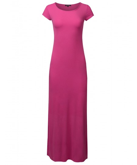 Women's Casual Solid Round Neck Cap Sleeves Maxi Dress