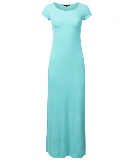 Women's Casual Solid Round Neck Cap Sleeves Maxi Dress