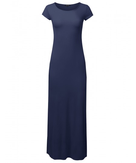 Women's Casual Solid Round Neck Cap Sleeves Maxi Dress