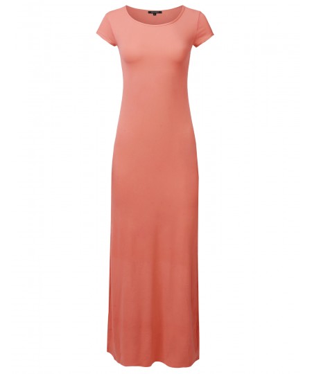 Women's Casual Solid Round Neck Cap Sleeves Maxi Dress