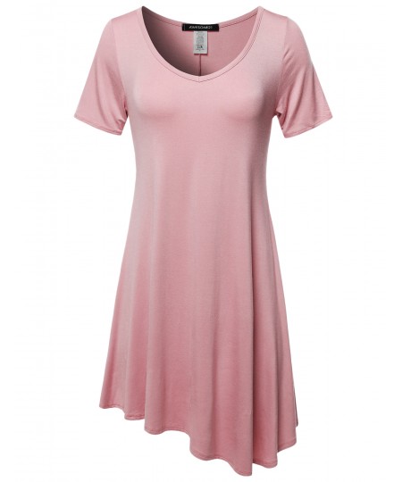 Women's Solid Short Sleeves Asymmetrical Swing Tunic Top T-Shirt - Made in USA