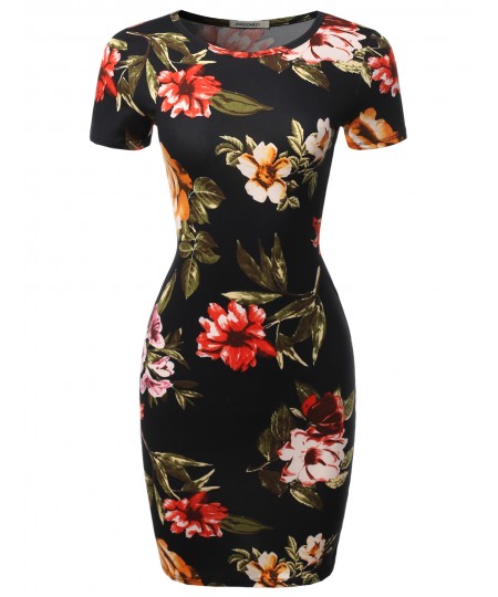 Women's Floral Print Short Sleeves Mini Body Conscious Dress