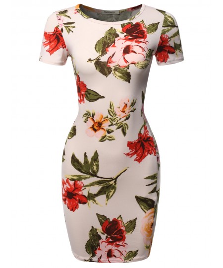 Women's Floral Print Short Sleeves Mini Body Conscious Dress