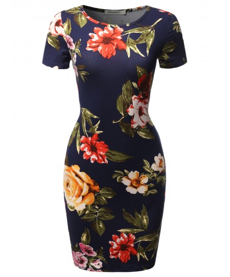 Women's Floral Print Short Sleeves Mini Body Conscious Dress