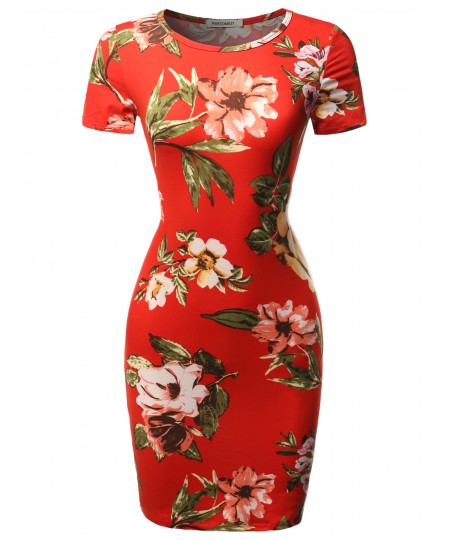 Women's Floral Print Short Sleeves Mini Body Conscious Dress