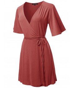 Women's Casual Solid Bell Sleeves Kimono V-Neck Wrap Dress