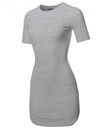 Women's Solid Short Sleeves Round Hem Ribbed Mini Dress