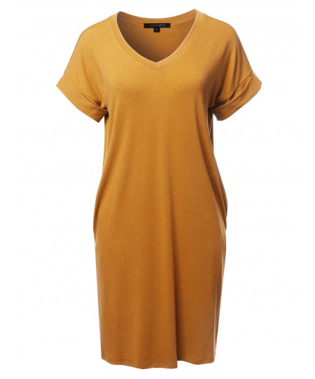 Women's Solid Short Sleeve Stretchy Loose fit V-neck Tunic Dress