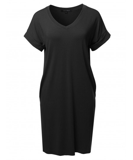 Women's Solid Short Sleeve Stretchy Loose fit V-neck Tunic Dress