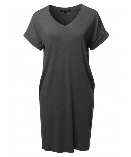 Women's Solid Short Sleeve Stretchy Loose fit V-neck Tunic Dress