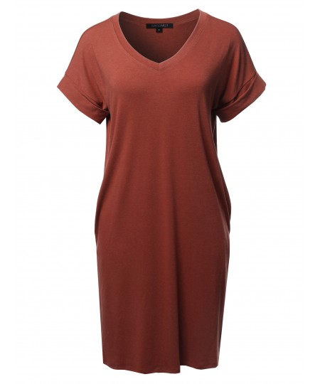 Women's Solid Short Sleeve Stretchy Loose fit V-neck Tunic Dress