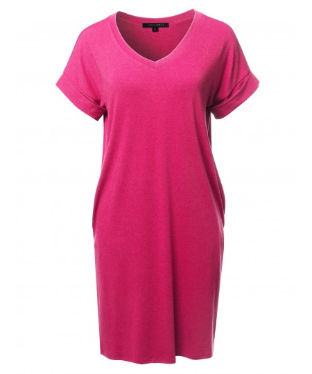 Women's Solid Short Sleeve Stretchy Loose fit V-neck Tunic Dress