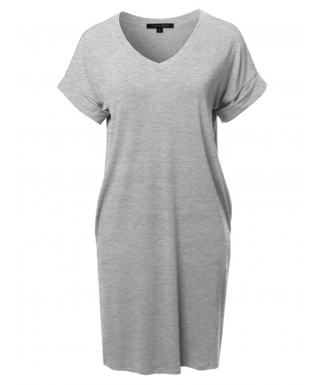 Women's Solid Short Sleeve Stretchy Loose fit V-neck Tunic Dress