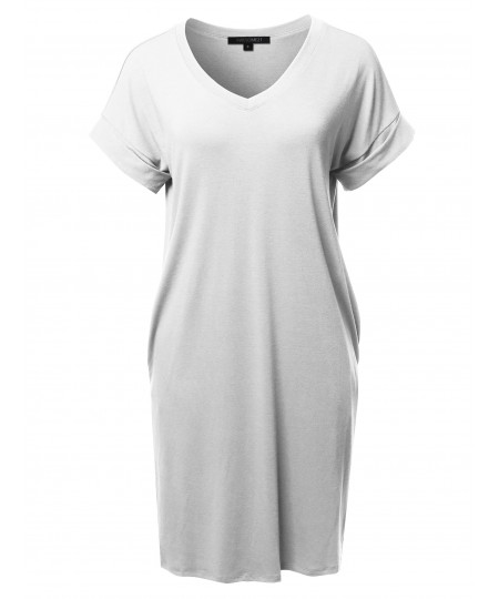 Women's Solid Short Sleeve Stretchy Loose fit V-neck Tunic Dress