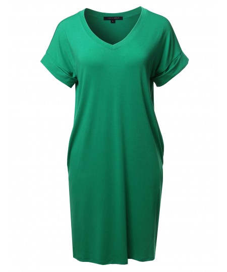 Women's Solid Short Sleeve Stretchy Loose fit V-neck Tunic Dress