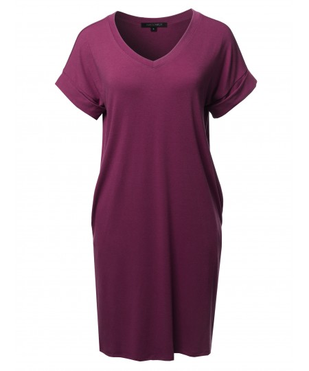 Women's Solid Short Sleeve Stretchy Loose fit V-neck Tunic Dress