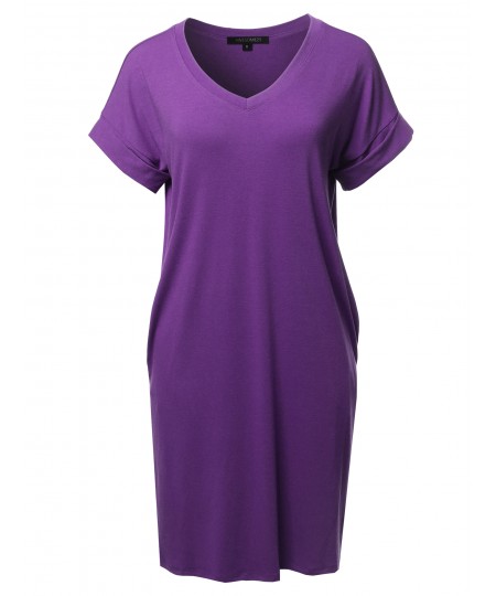 Women's Solid Short Sleeve Stretchy Loose fit V-neck Tunic Dress