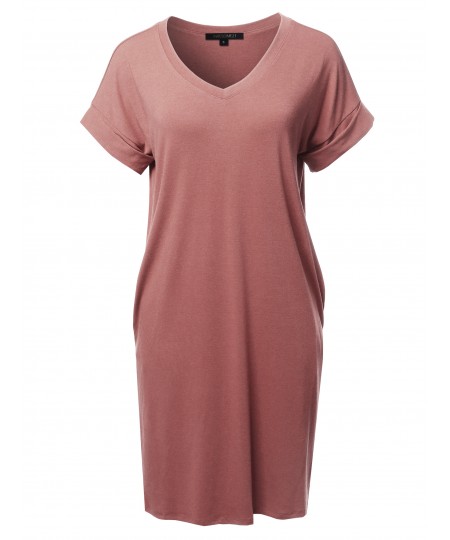 Women's Solid Short Sleeve Stretchy Loose fit V-neck Tunic Dress