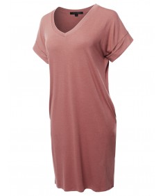 Women's Solid Short Sleeve Stretchy Loose fit V-neck Tunic Dress