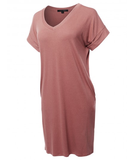Women's Solid Short Sleeve Stretchy Loose fit V-neck Tunic Dress