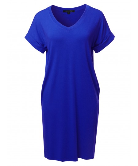 Women's Solid Short Sleeve Stretchy Loose fit V-neck Tunic Dress