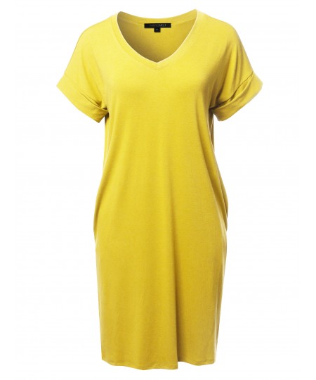 Women's Solid Short Sleeve Stretchy Loose fit V-neck Tunic Dress