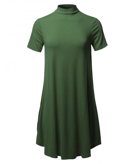 Women's Solid Mock Neck Short Sleeve Tunic Dress