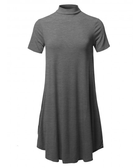 Women's Solid Mock Neck Short Sleeve Tunic Dress