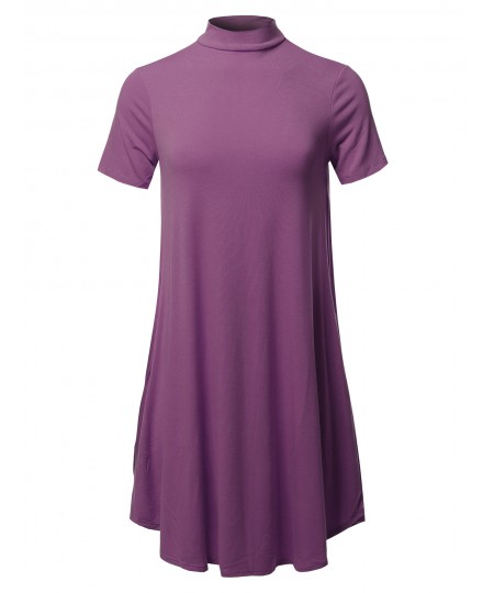 Women's Solid Mock Neck Short Sleeve Tunic Dress