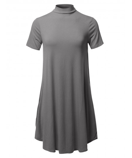 Women's Solid Mock Neck Short Sleeve Tunic Dress