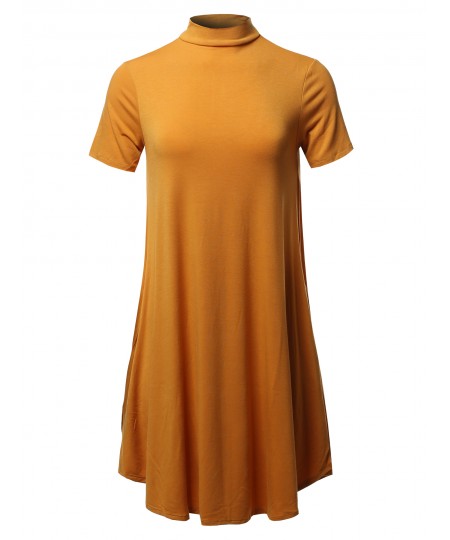 Women's Solid Mock Neck Short Sleeve Tunic Dress