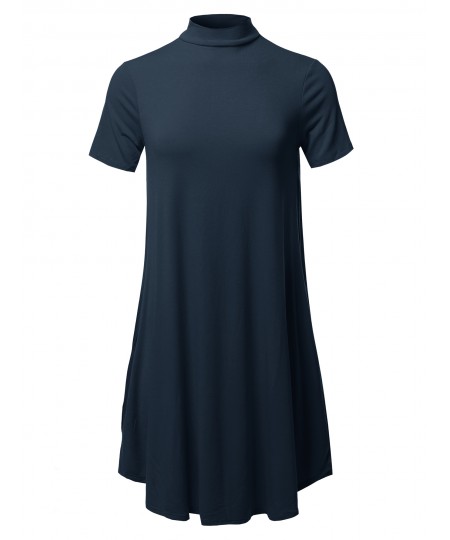 Women's Solid Mock Neck Short Sleeve Tunic Dress