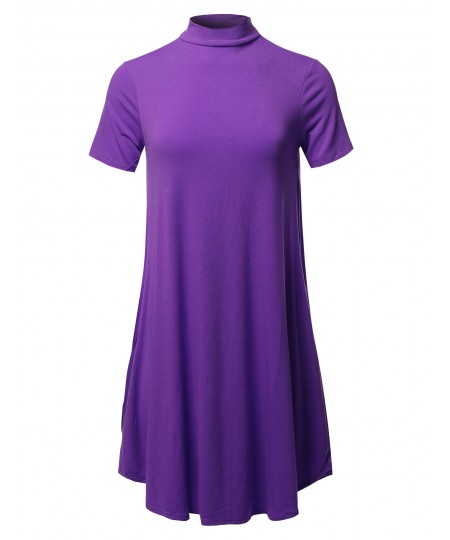 Women's Solid Mock Neck Short Sleeve Tunic Dress