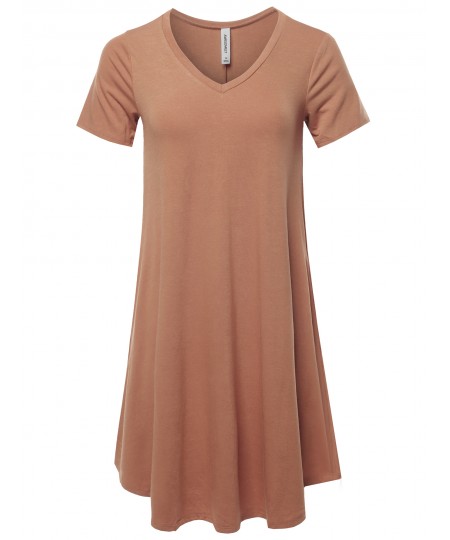 Women's Solid Casual Plain Simple V-neck T-shirt Loose Dress