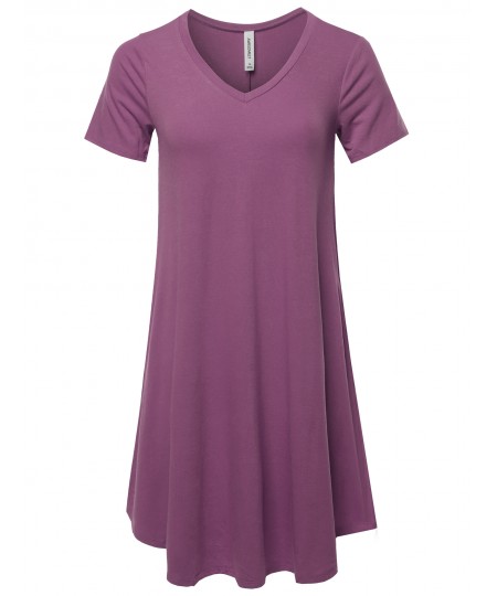 Women's Solid Casual Plain Simple V-neck T-shirt Loose Dress