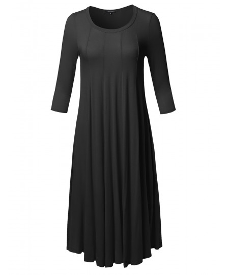 Women's Casual A-Line Swing Flare Round Neck 3/4 Sleeve Midi Dress Made in USA