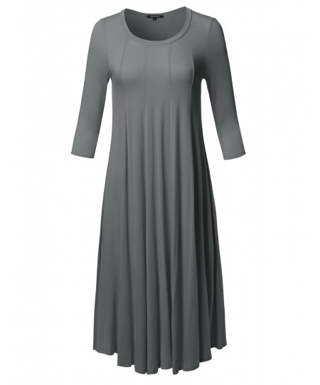 Women's Casual A-Line Swing Flare Round Neck 3/4 Sleeve Midi Dress Made in USA