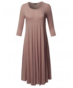 Women's Casual A-Line Swing Flare Round Neck 3/4 Sleeve Midi Dress Made in USA
