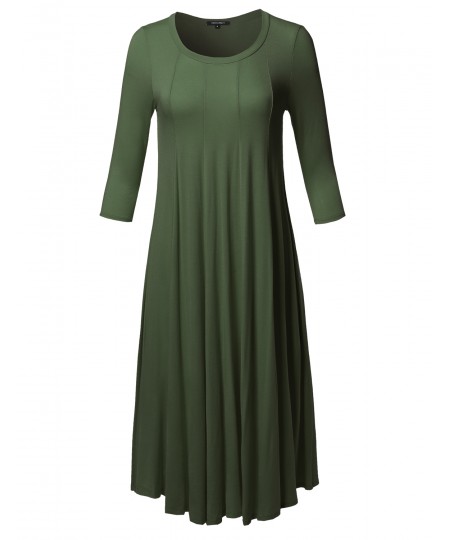 Women's Casual A-Line Swing Flare Round Neck 3/4 Sleeve Midi Dress Made in USA