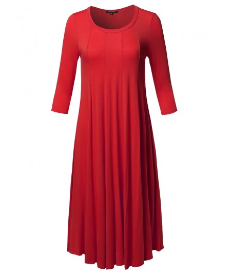 Women's Casual A-Line Swing Flare Round Neck 3/4 Sleeve Midi Dress Made in USA