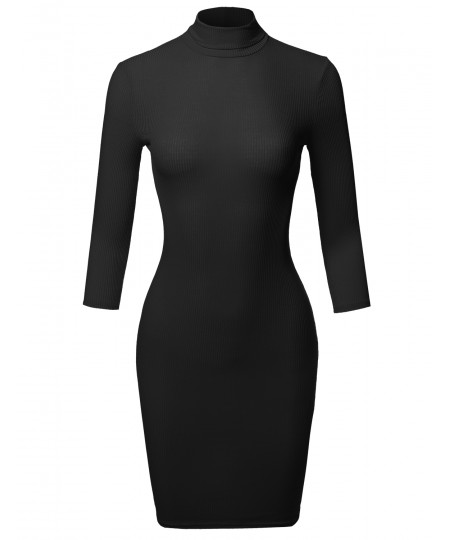 Women's Casual 3/4 Sleeve Turtleneck Ribbed Mini Body-Con Dress