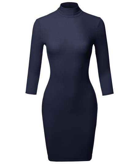 Women's Casual 3/4 Sleeve Turtleneck Ribbed Mini Body-Con Dress