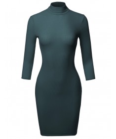 Women's Casual 3/4 Sleeve Turtleneck Ribbed Mini Body-Con Dress