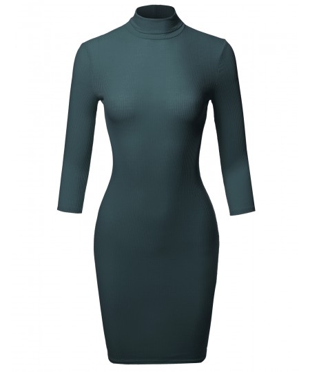 Women's Casual 3/4 Sleeve Turtleneck Ribbed Mini Body-Con Dress