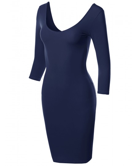 Women's Basic Solid Deep Scoop Back-Neck 3/4 Sleeve Body-Con Dress