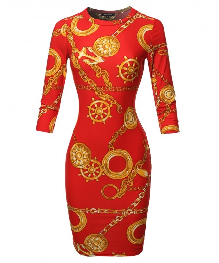 Women's Casual Printed Body-con 3/4 Sleeves Mini Dress - Made In USA