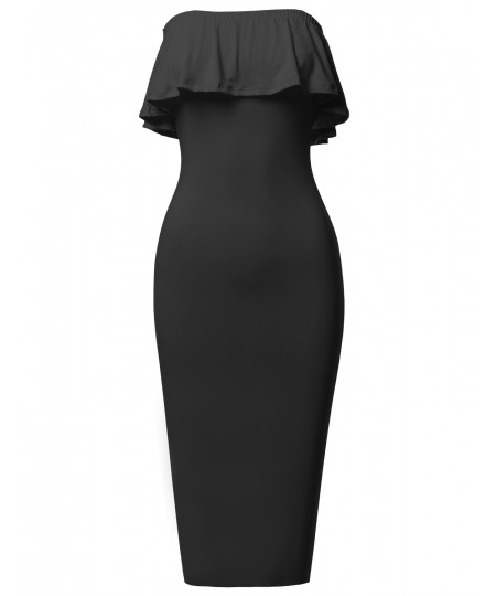 Women's Soft Stretch Solid Ruffle Strapless Tube Midi Bodycon Dress