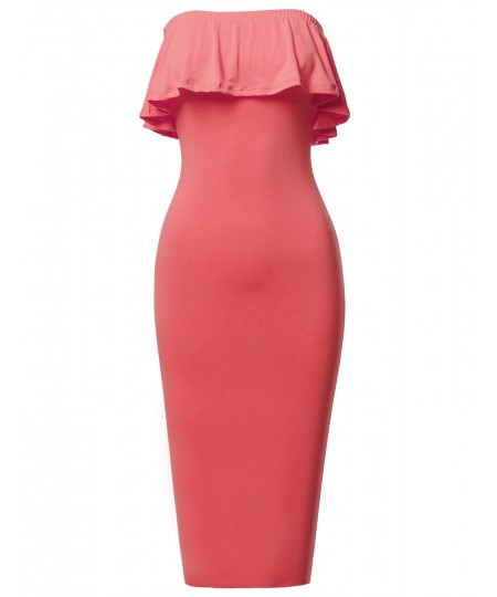 Women's Soft Stretch Solid Ruffle Strapless Tube Midi Bodycon Dress