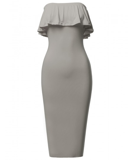 Women's Soft Stretch Solid Ruffle Strapless Tube Midi Bodycon Dress