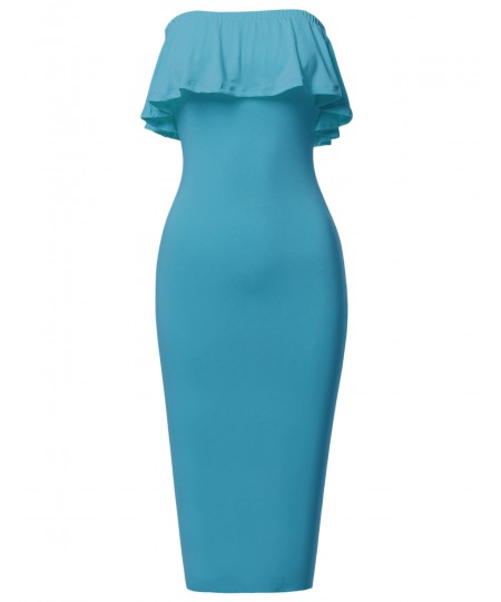 Women's Soft Stretch Solid Ruffle Strapless Tube Midi Bodycon Dress